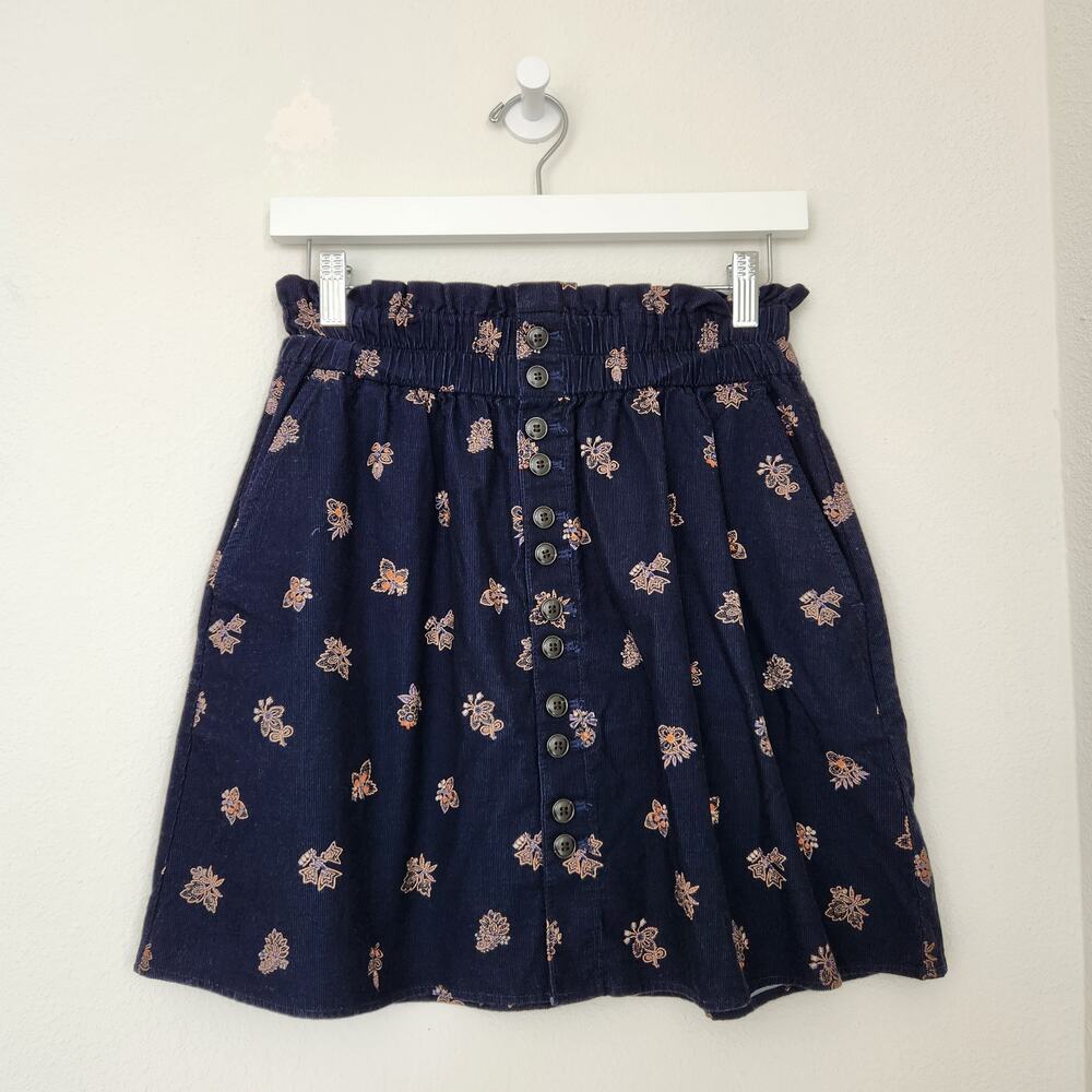 Madewell Navy Blue Boho Floral Corduroy Button Front Mini Skirt XS